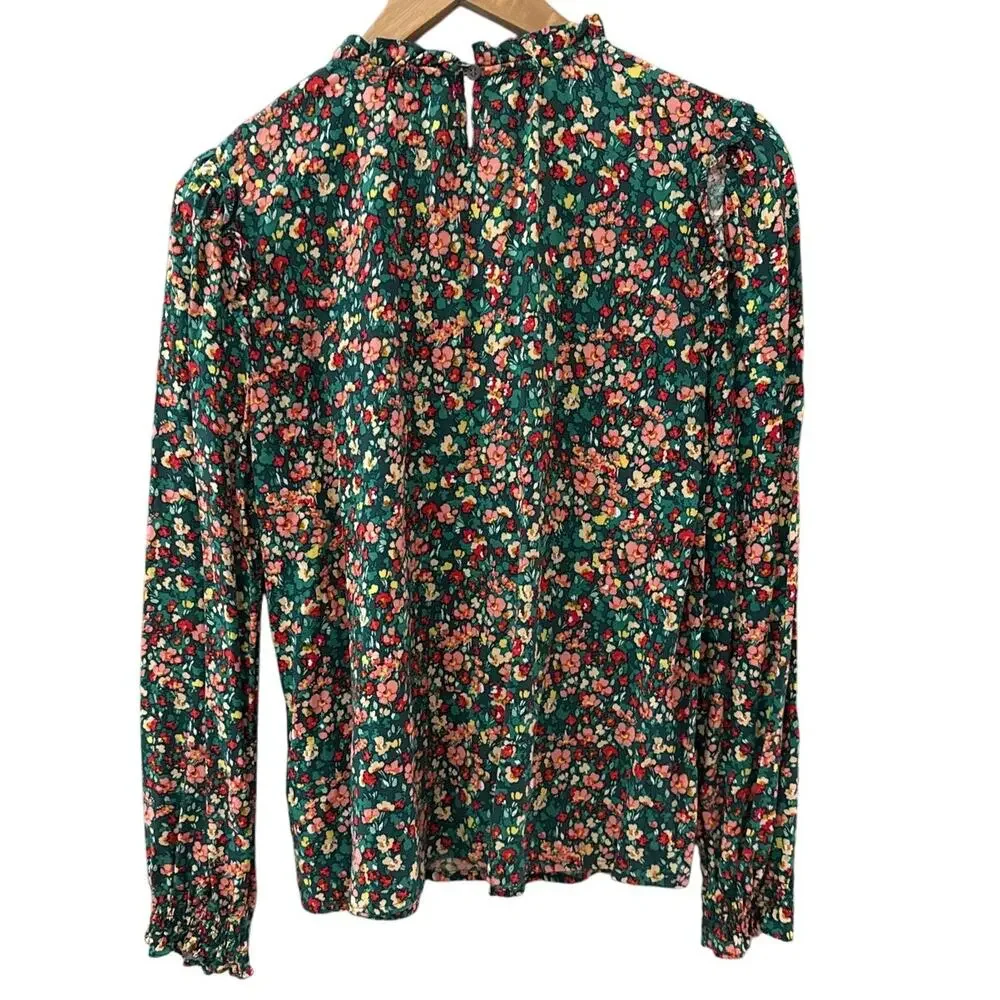 J. Crew Smocked Ruffleneck Top Old Forest‎ Coral Size XS